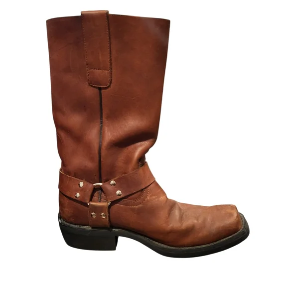 Los Altos Mens Brown Greasy Leather Motorcycle Square-Toe Cowboy Boots Size 9 - Picture 3 of 12